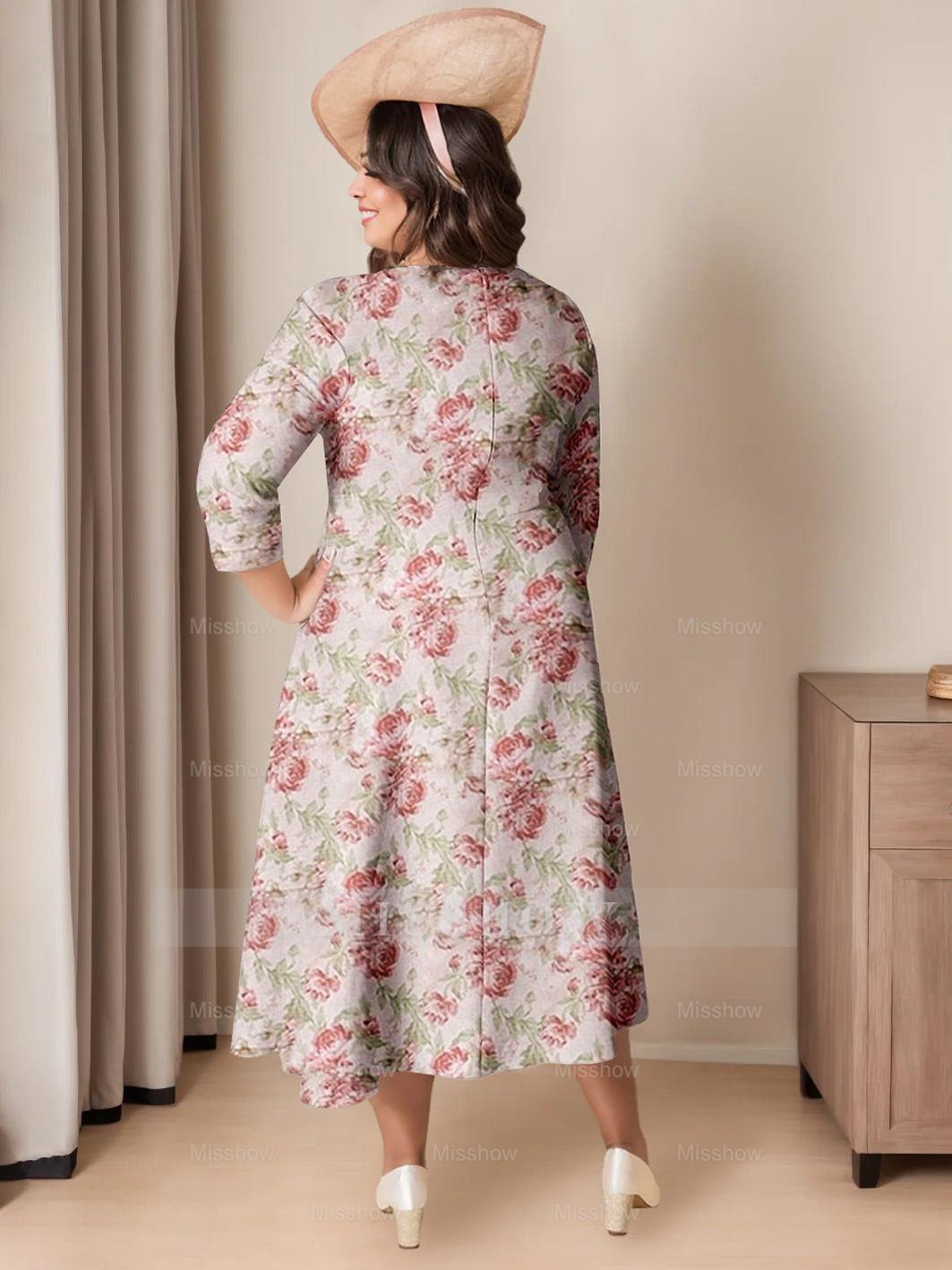 Elegant Plus Size Printed Floral Mother of the Bride Dress with 3/4 Sleeves and A-Line Princess Cut