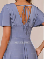 Elegant Plus Size V-Neck A-Line Princess Floor-Length Mother of the Bride Dress with Ruffles and Short Sleeves