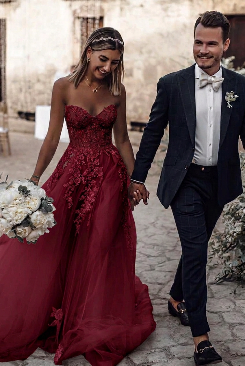 Burgundy sweetheart applique a-line wedding dress