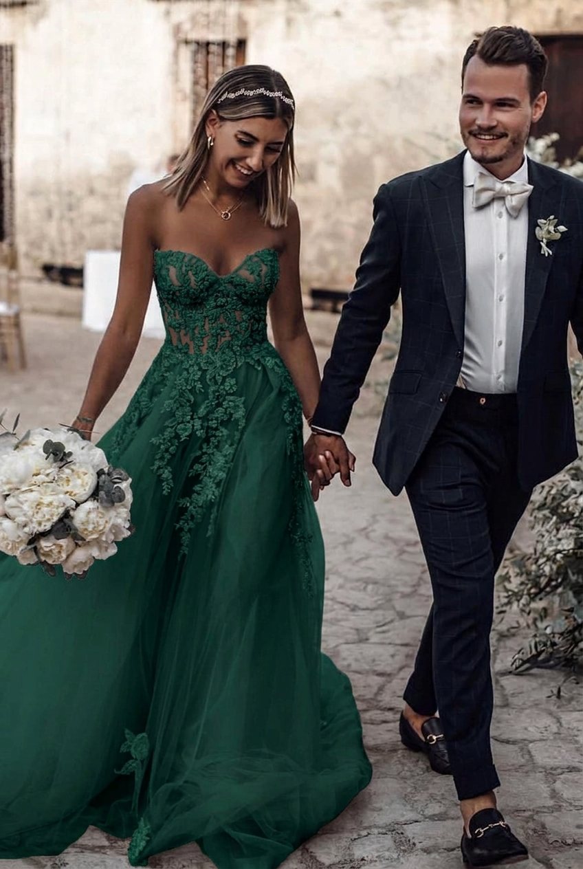 Dark green sweetheart applique a-line wedding dress