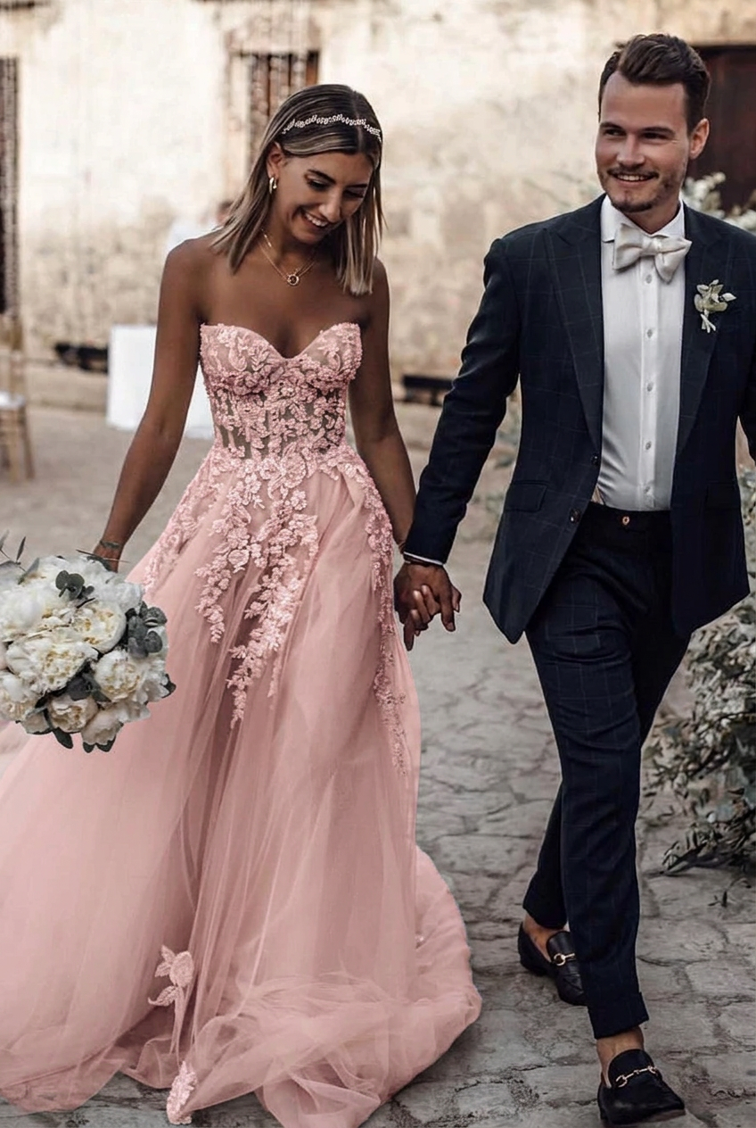 Blushing pink sweetheart applique a-line wedding dress