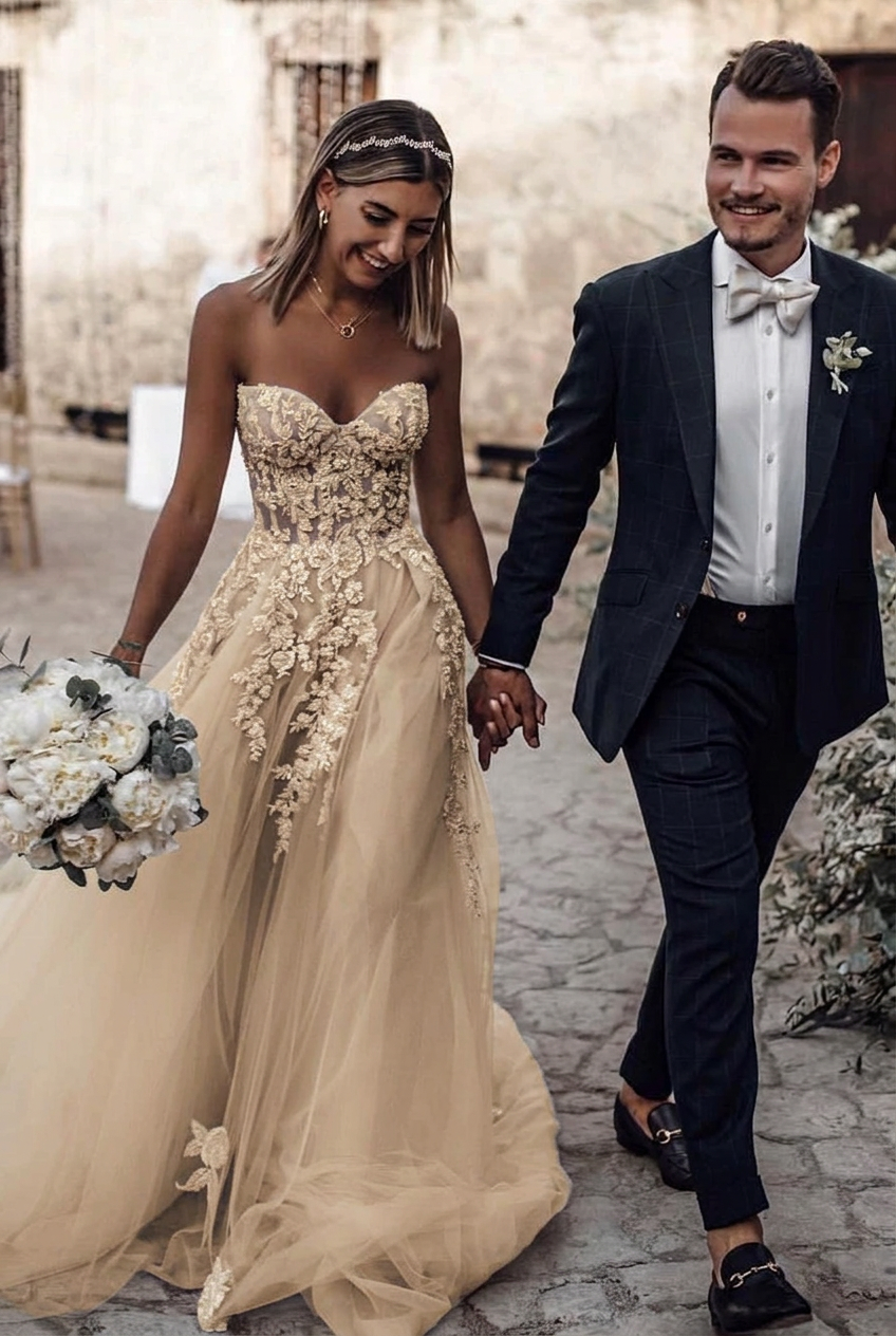 Champagne sweetheart applique a-line wedding dress