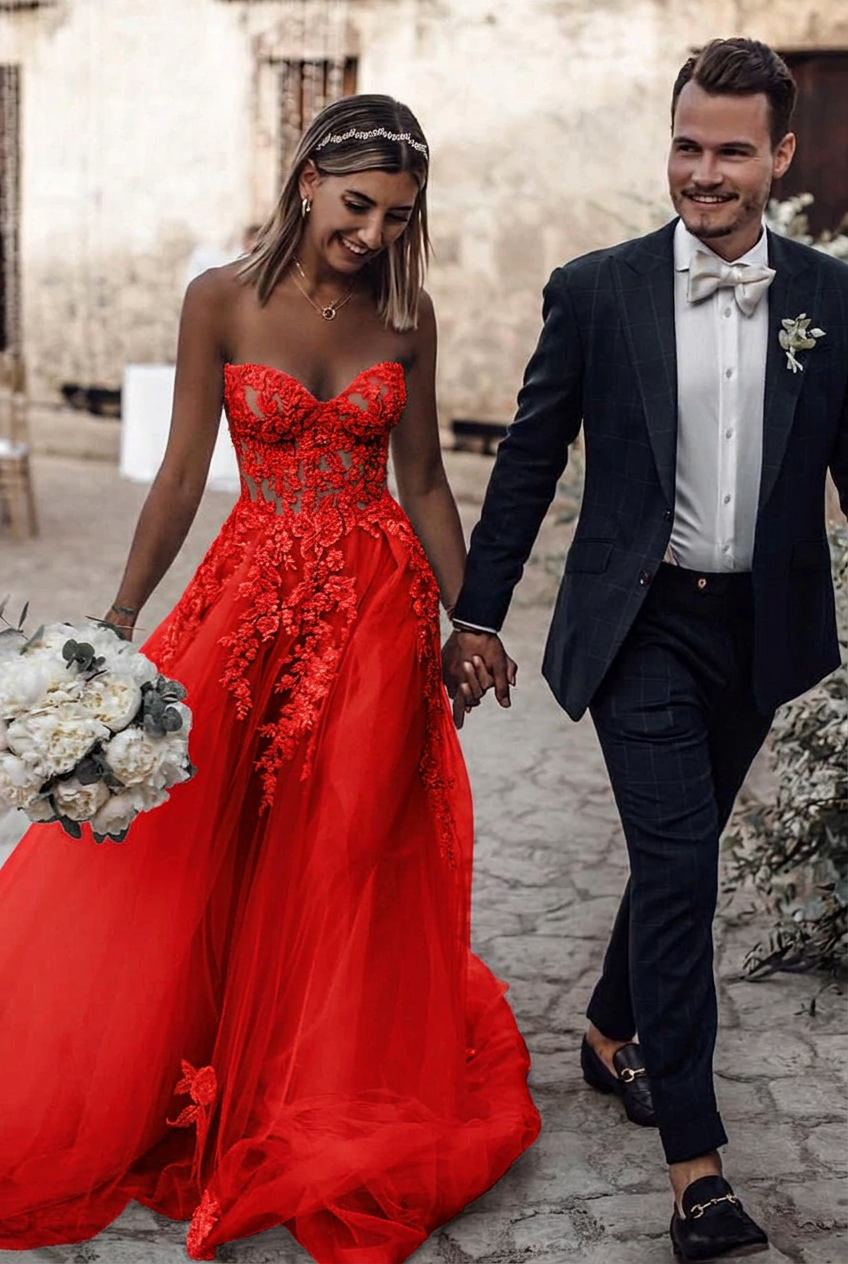 Red sweetheart applique a-line wedding dress