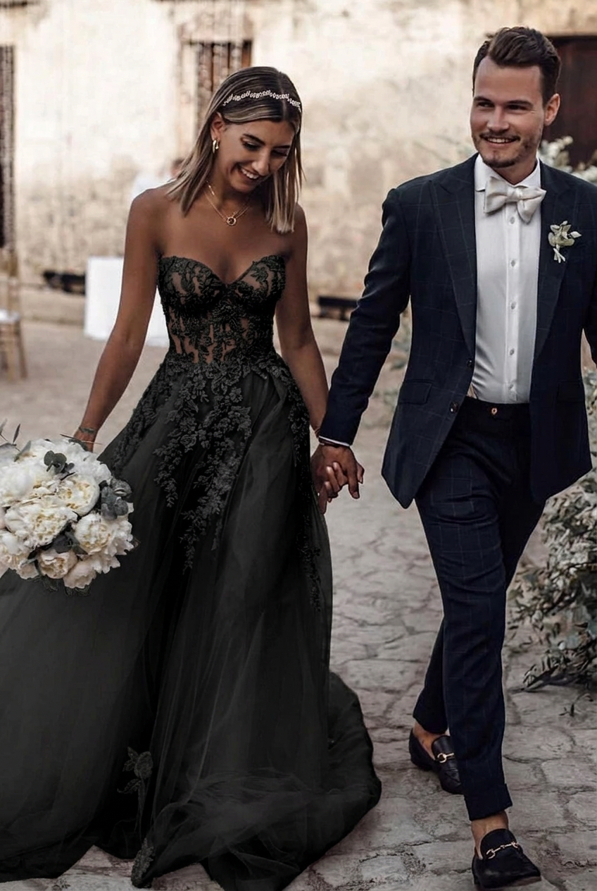 Black sweetheart applique a-line wedding dress