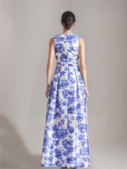 Elegant Printed Floral Floor-Length A-Line Dress with V-Neck and High Split for Mothers of the Bride & Groom