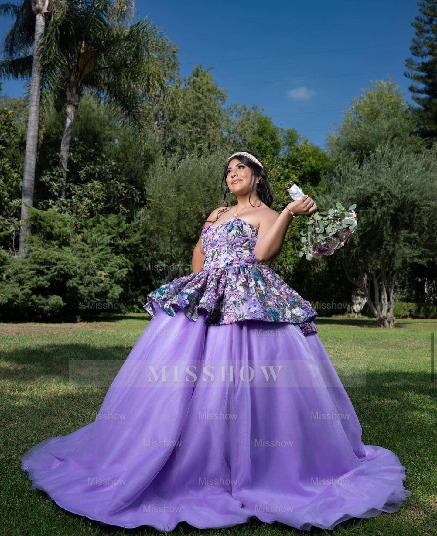 Elegant Purple Strapless Sleeveless Floral Applique Ruffled Ball Gown Quinceanera Dress