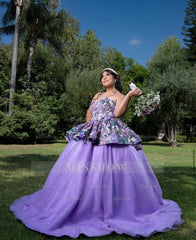 Elegant Purple Strapless Sleeveless Floral Applique Ruffled Ball Gown Quinceanera Dress