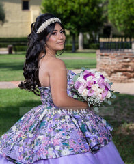 Elegant Purple Strapless Sleeveless Floral Applique Ruffled Ball Gown Quinceanera Dress