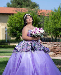 Elegant Purple Strapless Sleeveless Floral Applique Ruffled Ball Gown Quinceanera Dress