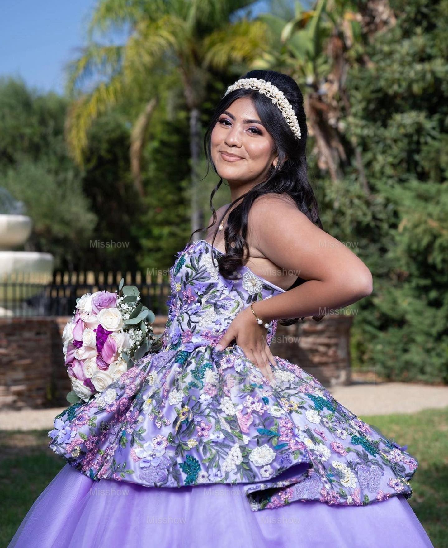 Elegant Purple Strapless Sleeveless Floral Applique Ruffled Ball Gown Quinceanera Dress
