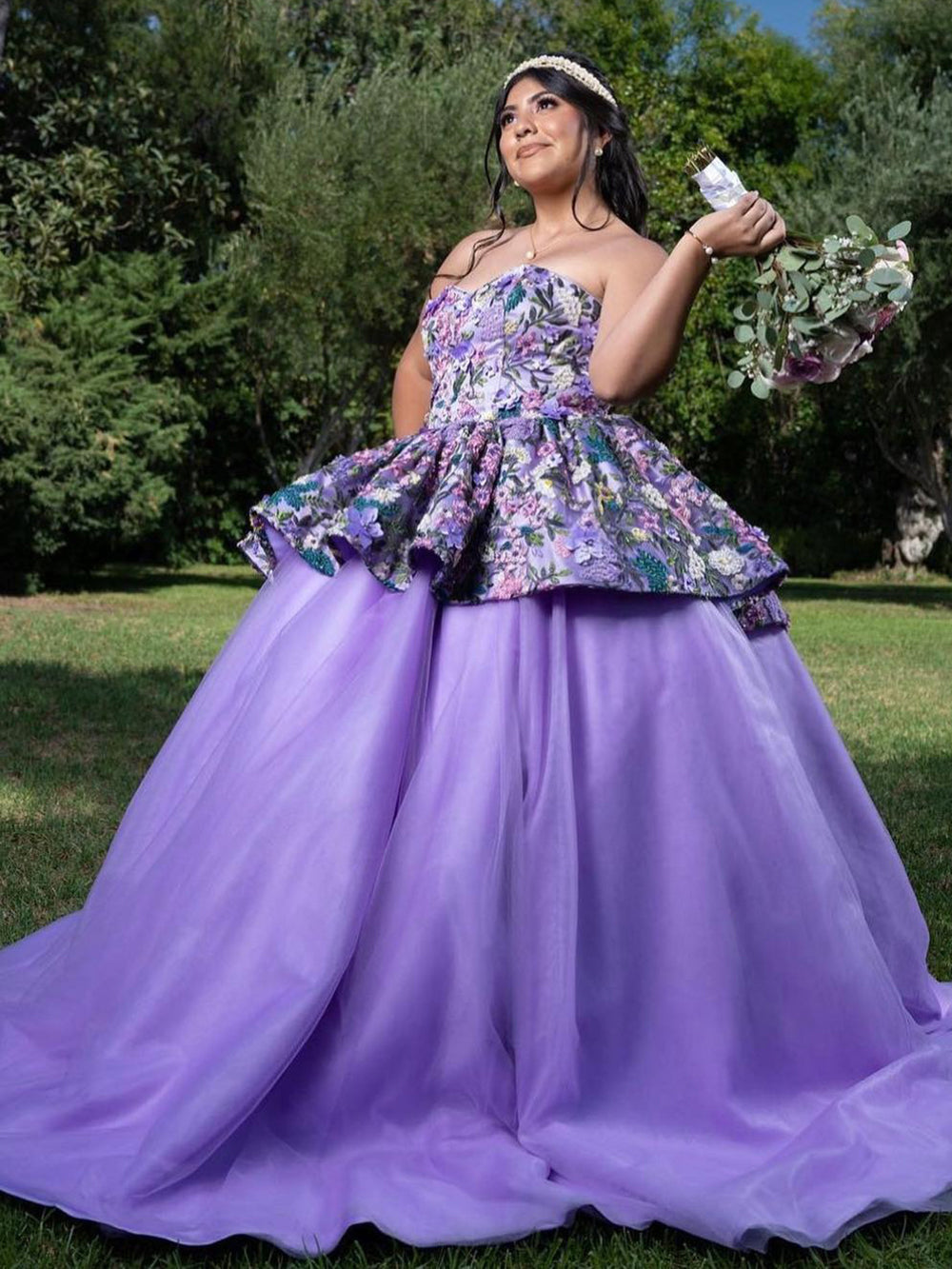 Elegant Purple Strapless Sleeveless Floral Applique Ruffled Ball Gown Quinceanera Dress