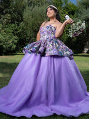 Elegant Purple Strapless Sleeveless Floral Applique Ruffled Ball Gown Quinceanera Dress