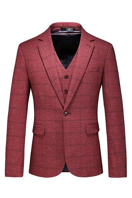 Elegant Red Notched Lapel Three-Piece Business Suit for Men