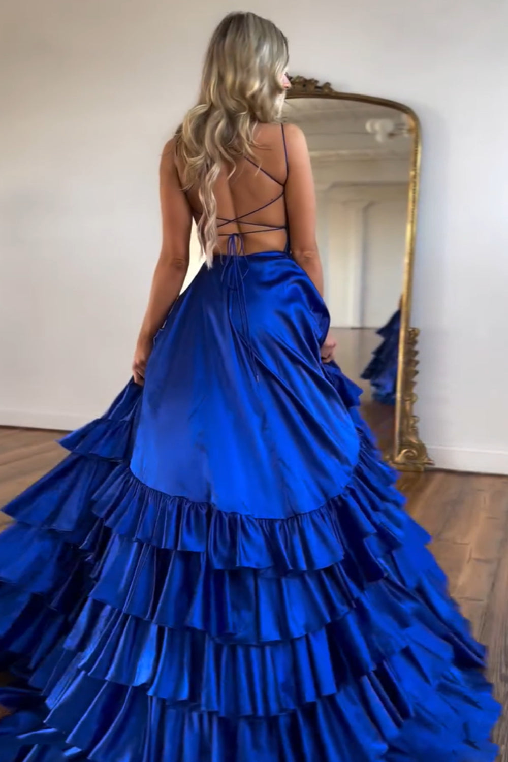 Elegant Royal Blue A-Line Prom Dress with Spaghetti Straps Satin Tiered Skirt and Slit