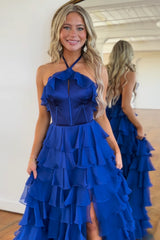 Elegant Royal Blue Chiffon Corset Prom Dress with Halter Neck and Tiered A-Line Skirt