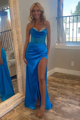 Elegant Royal Blue Mermaid Prom Dress in Sweetheart Satin with Beading