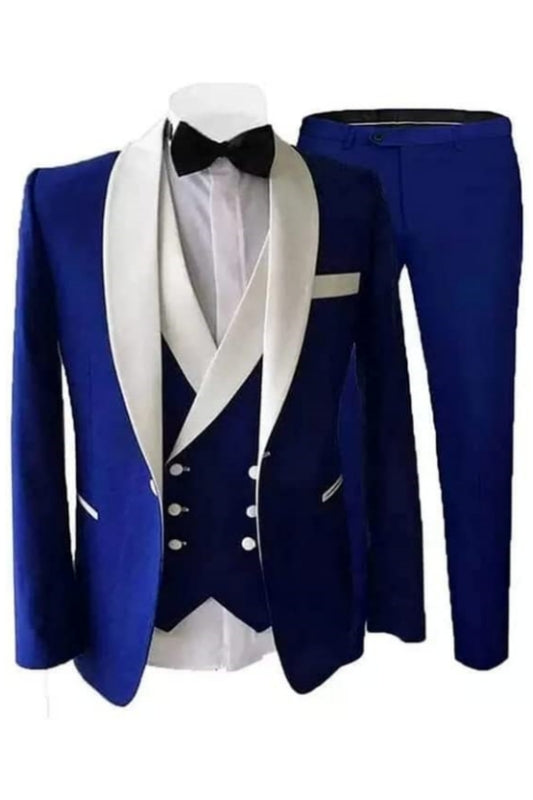 Elegant Royal Blue Shawl Collar Three-Piece Groom's Wedding Ensemble