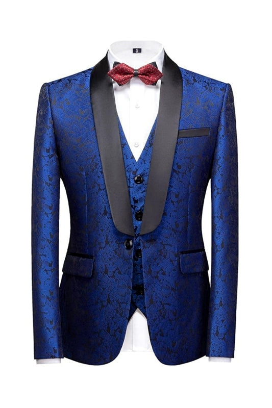Elegant Royal Blue Three-Piece Jacquard Groom's Suit