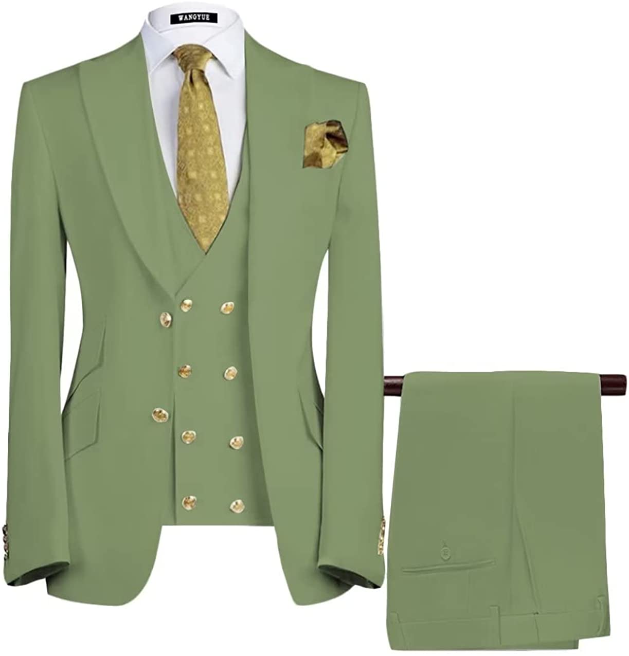 Elegant Sage Green Three-Piece Peaked Lapel Prom Suit For Men