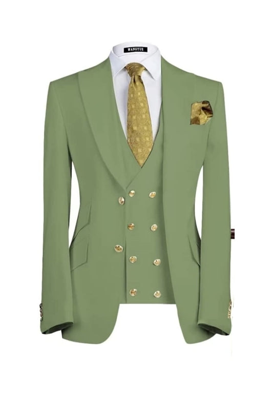 Elegant Sage Green Three-Piece Peaked Lapel Prom Suit For Men