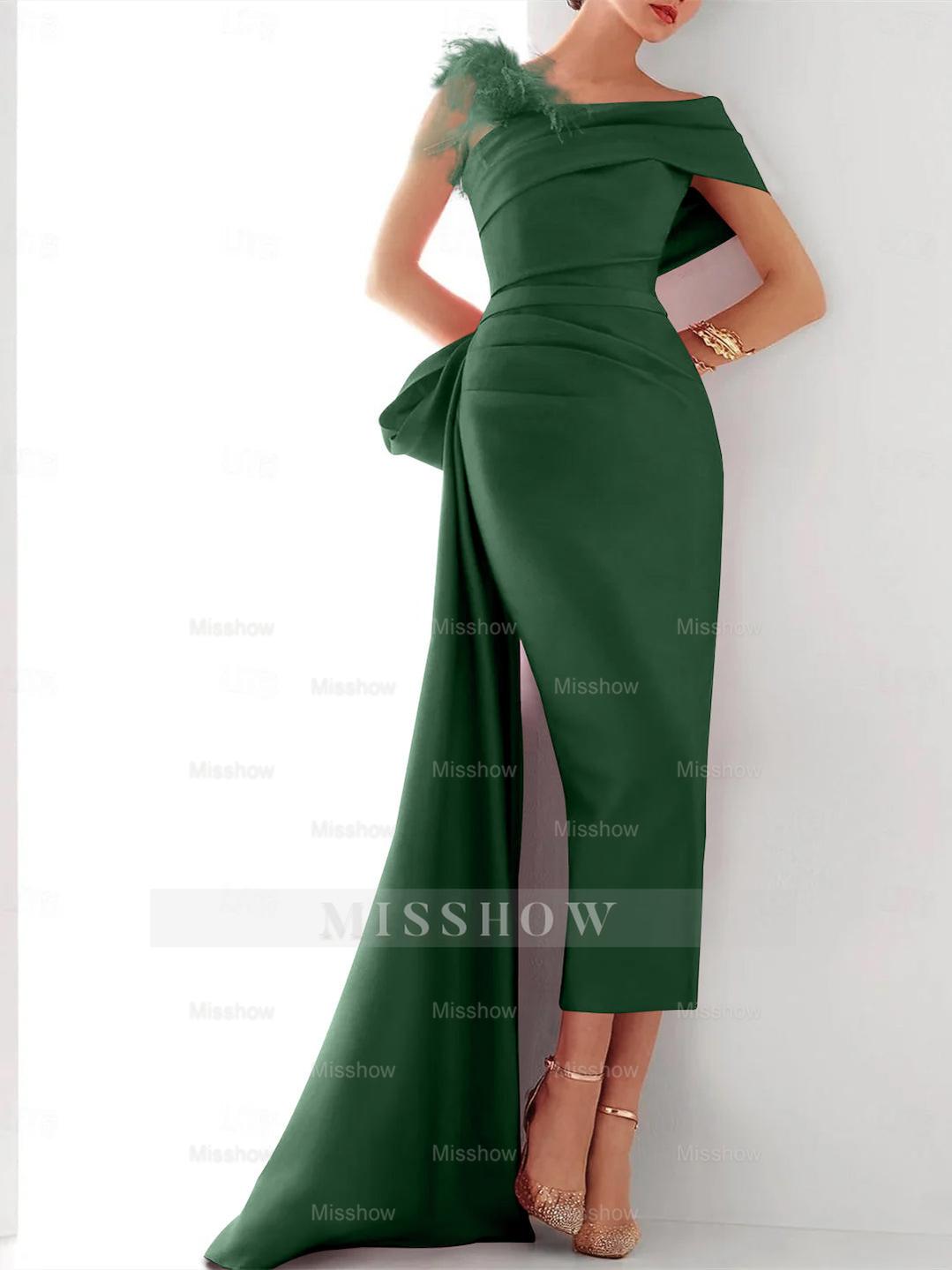 Elegant Satin Formal Gown with Feather Bow(s) - One Shoulder Sleeveless Sheath/Column and Sweep/Brush Train
