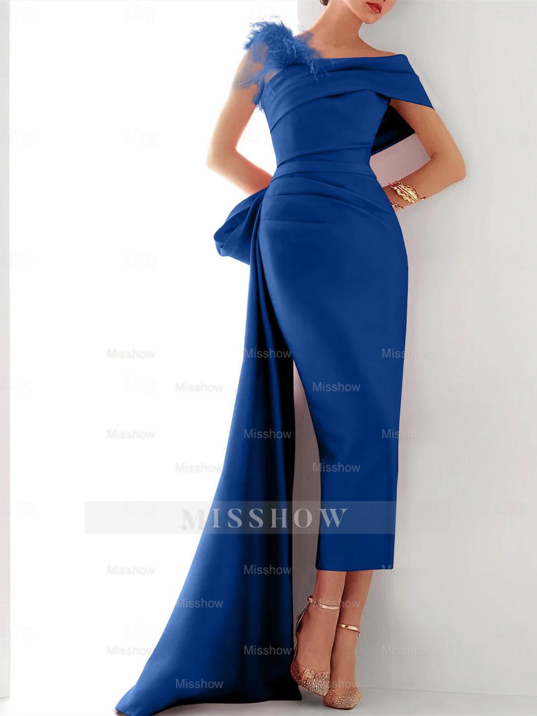 Elegant Satin Formal Gown with Feather Bow(s) - One Shoulder Sleeveless Sheath/Column and Sweep/Brush Train