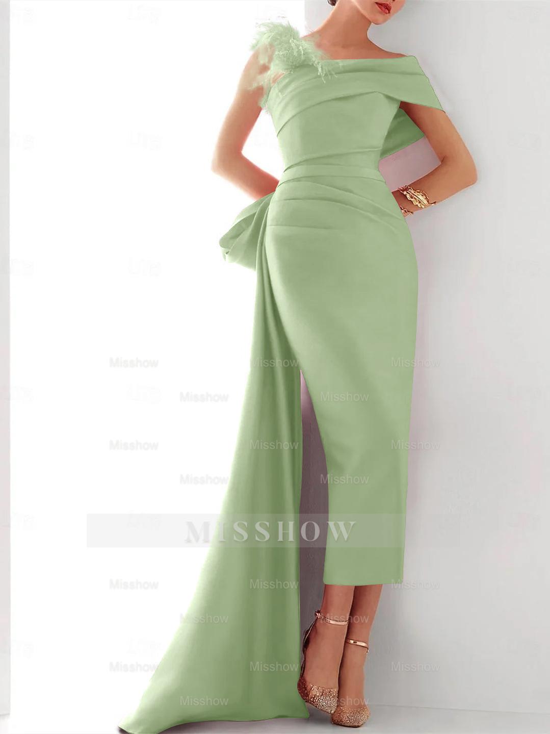 Elegant Satin Formal Gown with Feather Bow(s) - One Shoulder Sleeveless Sheath/Column and Sweep/Brush Train