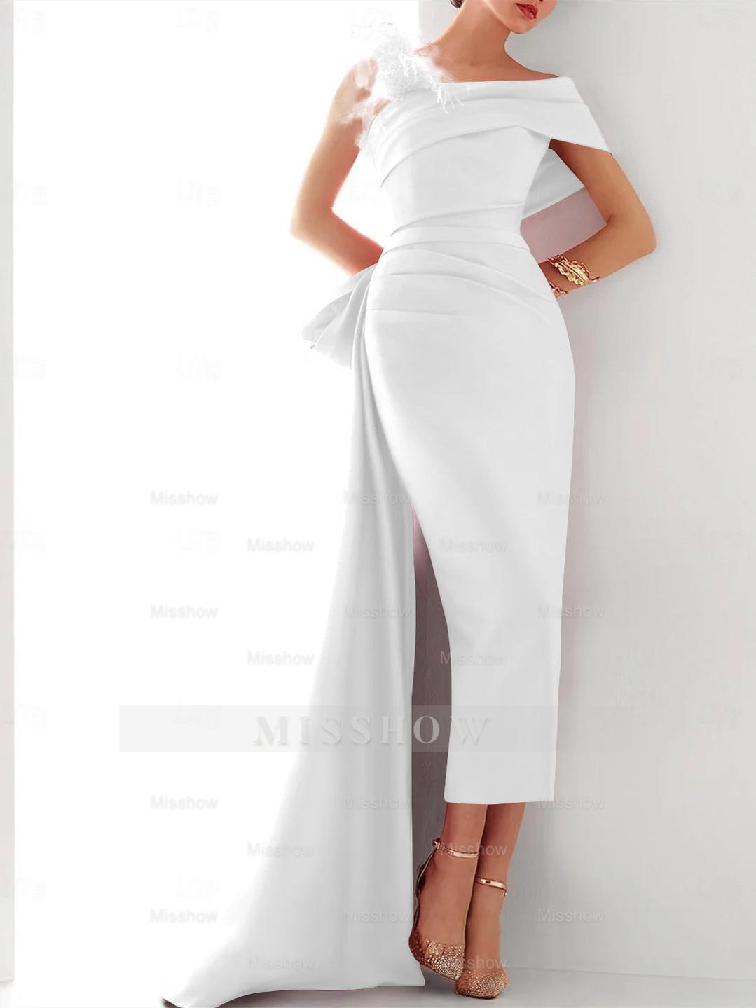 Elegant Satin Formal Gown with Feather Bow(s) - One Shoulder Sleeveless Sheath/Column and Sweep/Brush Train