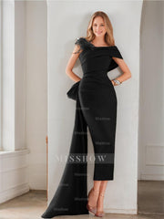 Elegant Satin Formal Gown with Feather Bow(s) - One Shoulder Sleeveless Sheath/Column and Sweep/Brush Train