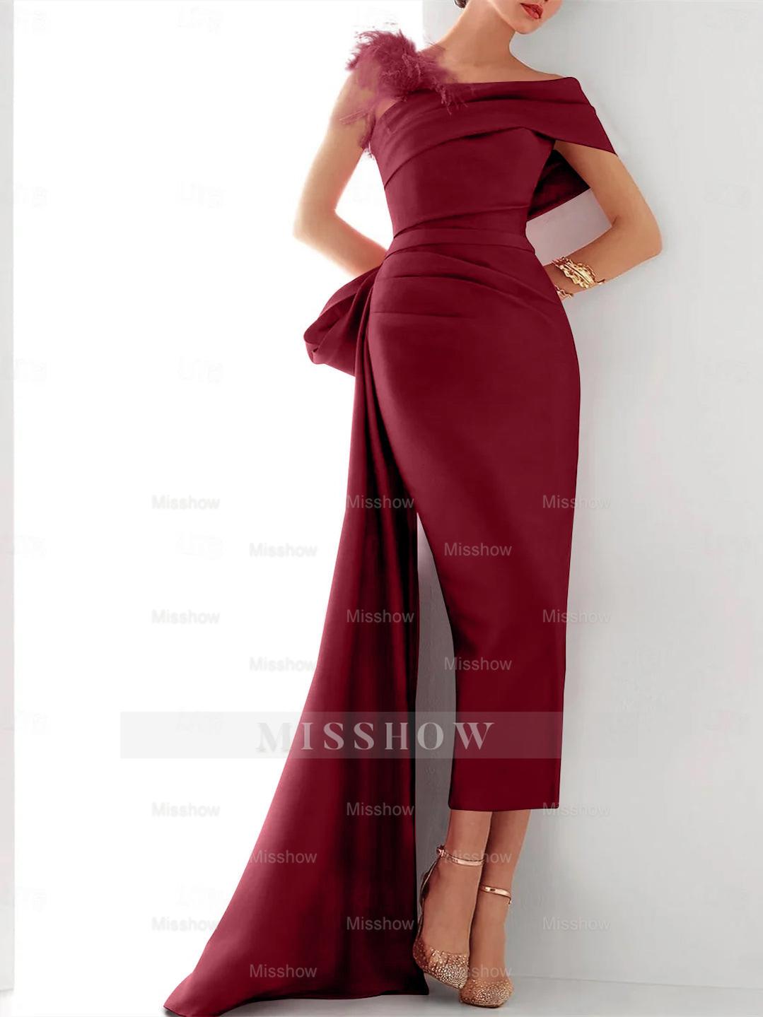 Elegant Satin Formal Gown with Feather Bow(s) - One Shoulder Sleeveless Sheath/Column and Sweep/Brush Train