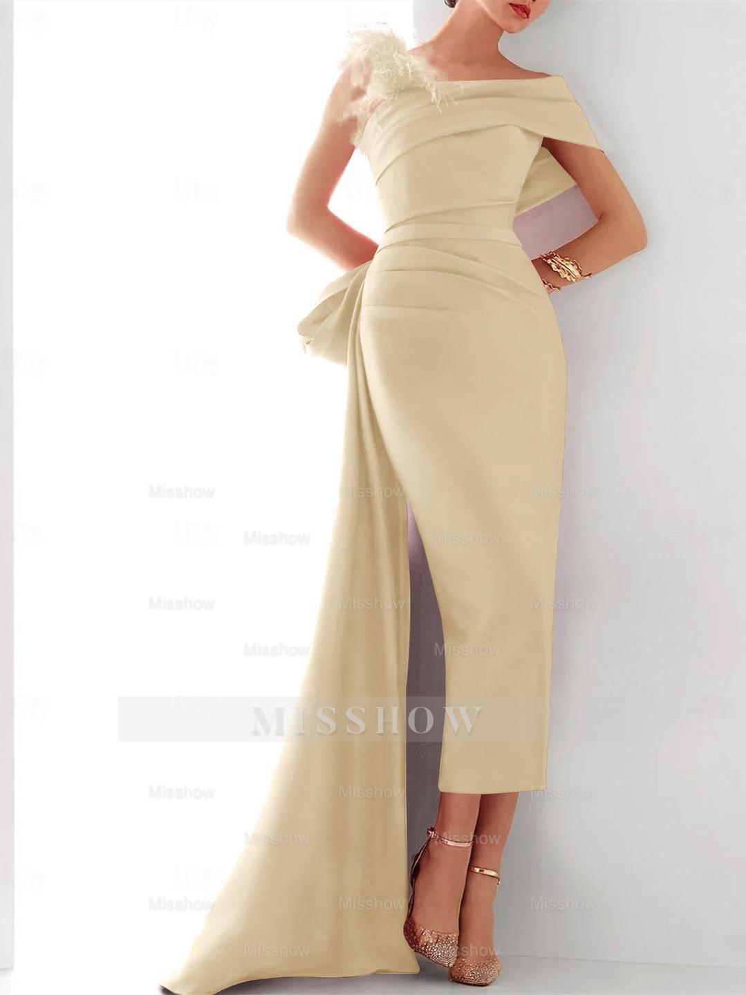 Elegant Satin Formal Gown with Feather Bow(s) - One Shoulder Sleeveless Sheath/Column and Sweep/Brush Train