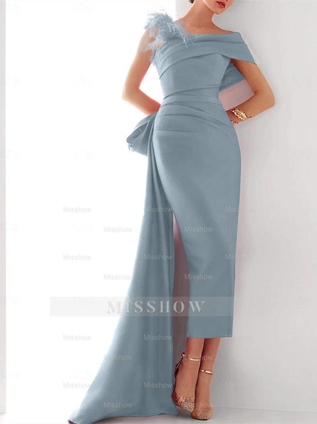 Elegant Satin Formal Gown with Feather Bow(s) - One Shoulder Sleeveless Sheath/Column and Sweep/Brush Train