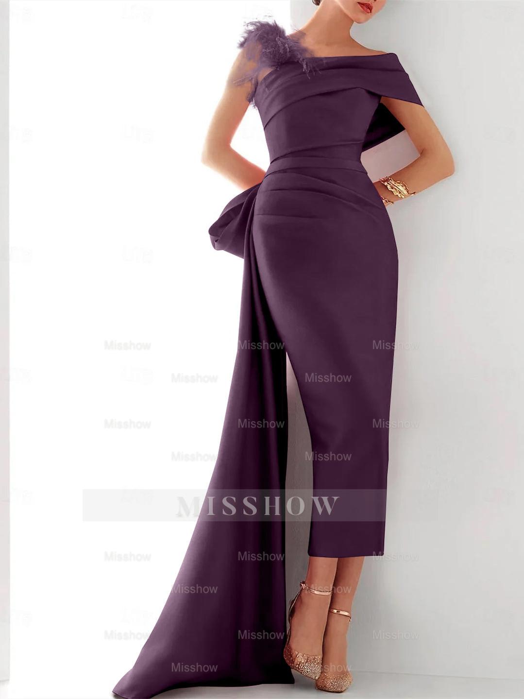 Elegant Satin Formal Gown with Feather Bow(s) - One Shoulder Sleeveless Sheath/Column and Sweep/Brush Train