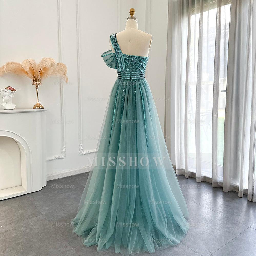 Elegant Sequined One Shoulder Long Mermaid Prom Dress With Slit