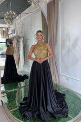 Elegant Sequins Formal Dress Gold Black Long Sleeveless Halter