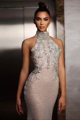 Elegant Silver High-Neck Sleeveless Column Formal Dress with Rhinestones