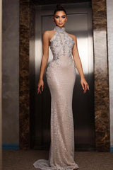 Elegant Silver High-Neck Sleeveless Column Formal Dress with Rhinestones