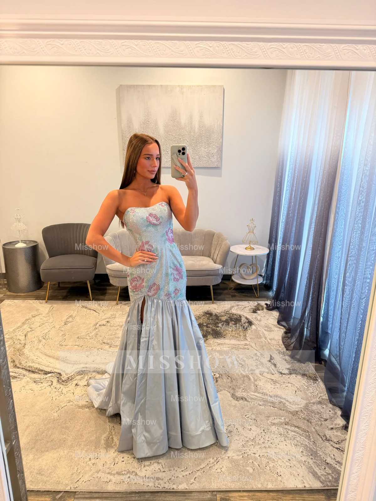 Elegant Silver Long Mermaid Strapless Glitter Prom Dress with Slit