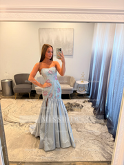 Elegant Silver Long Mermaid Strapless Glitter Prom Dress with Slit