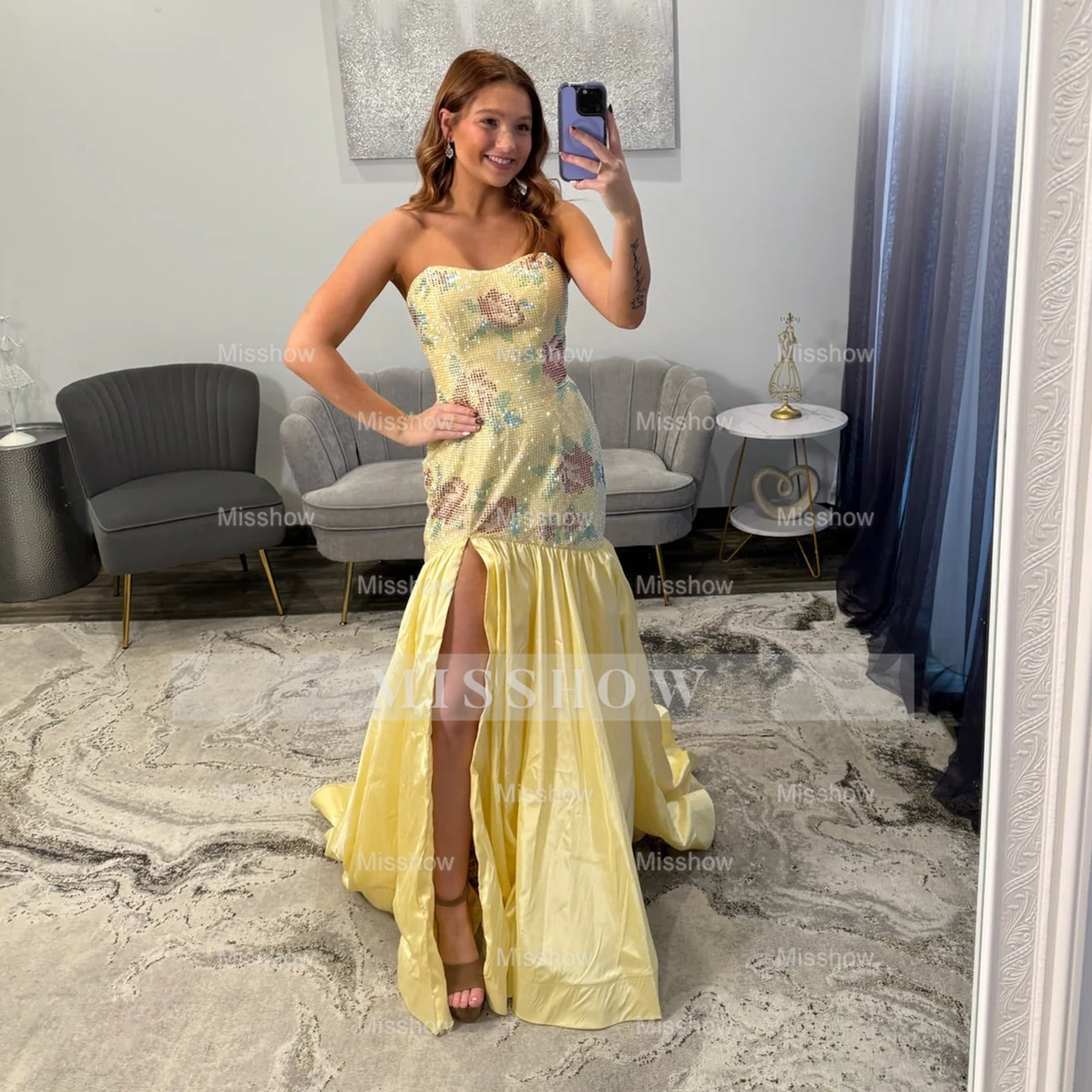 Elegant Silver Long Mermaid Strapless Glitter Prom Dress with Slit