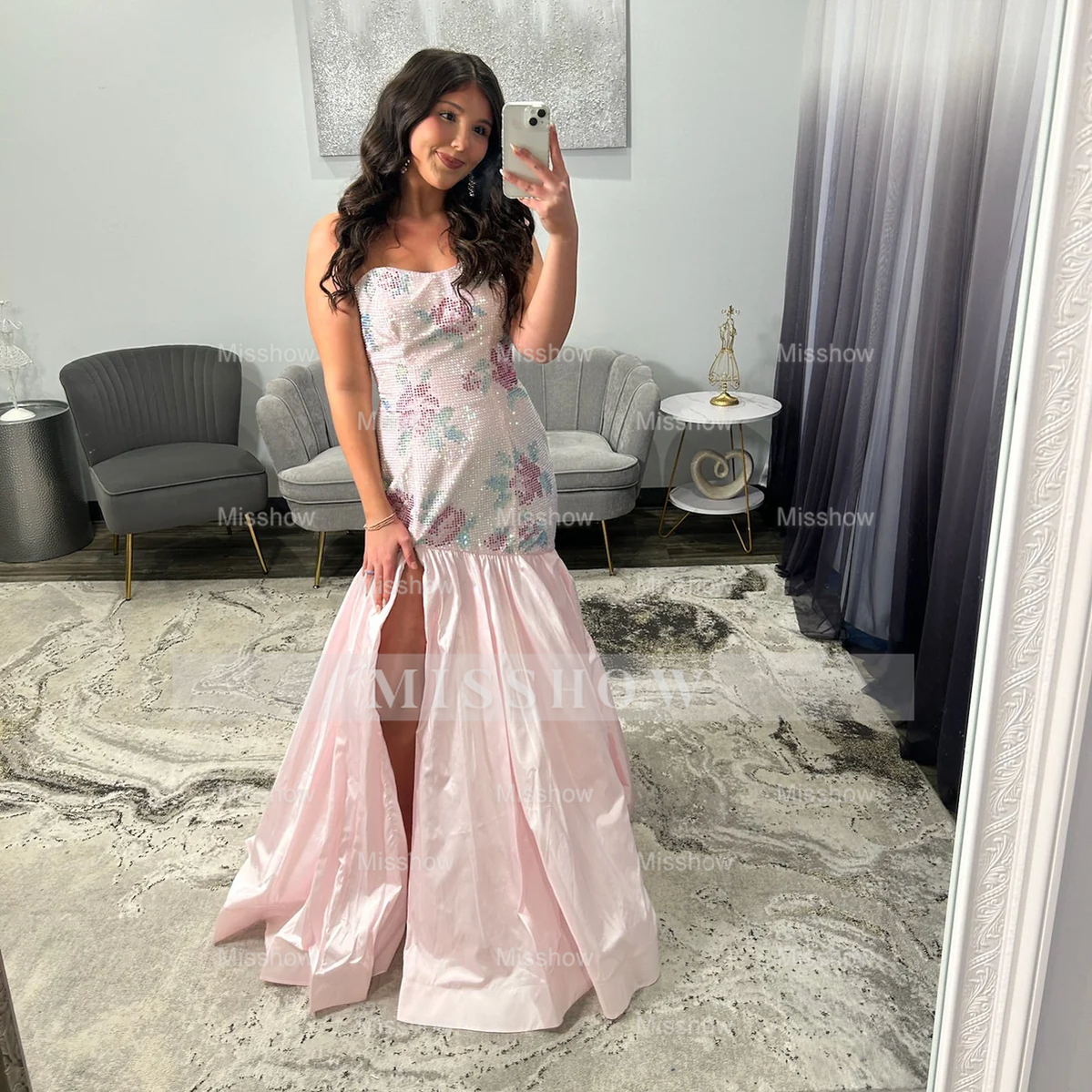 Elegant Silver Long Mermaid Strapless Glitter Prom Dress with Slit