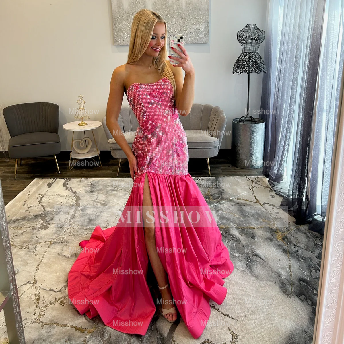 Elegant Silver Long Mermaid Strapless Glitter Prom Dress with Slit
