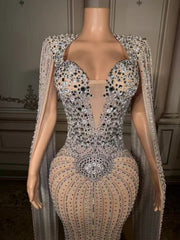 Elegant Silver V-Neck Column Beaded Cap Sleeveless Floor-Length Slit Tulle Evening Dresses With Pearls And Rhinestones