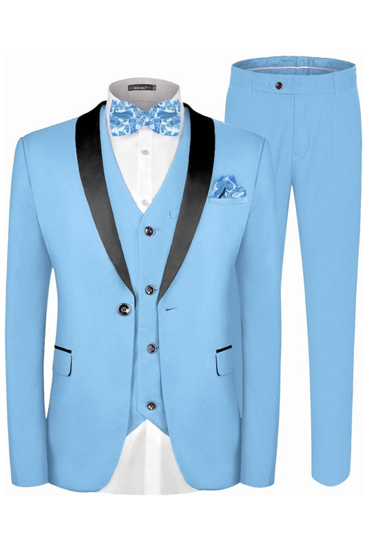 Elegant Sky Blue Three-Piece Shawl Collar Groom's Wedding Ensemble