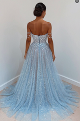 Elegant Sleeveless Blue Lace Prom Evening Dresses Long