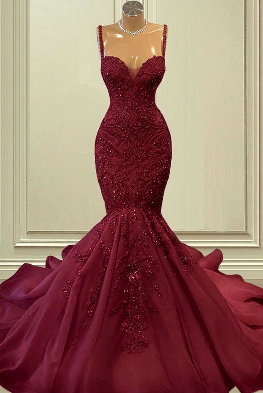 Burgundy sweetheart lace mermaid wedding dress