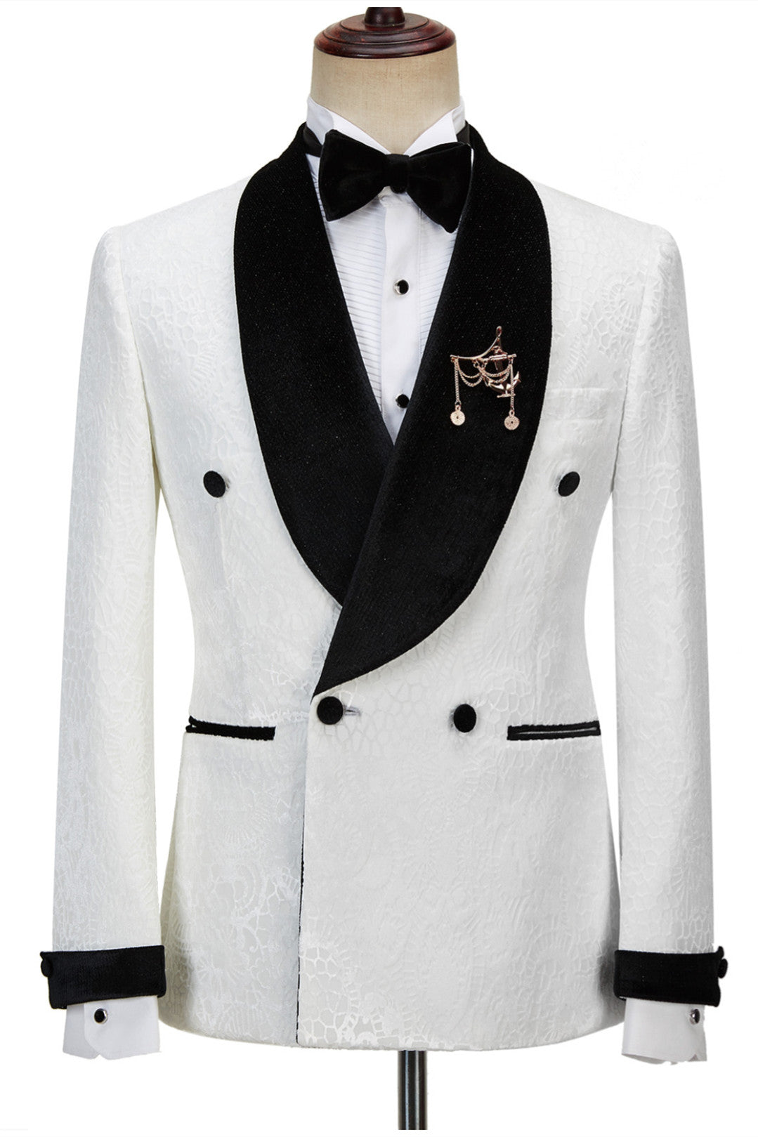 Elegant Sparkling Shawl Lapel Jacquard Double Breasted White Wedding Suits