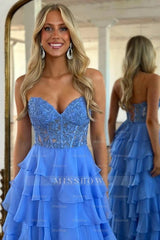 Elegant Strapless Blue Long A-line Lace Chiffon Prom Dress with Slit