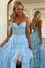 Elegant Strapless Blue Long A-line Lace Chiffon Prom Dress with Slit
