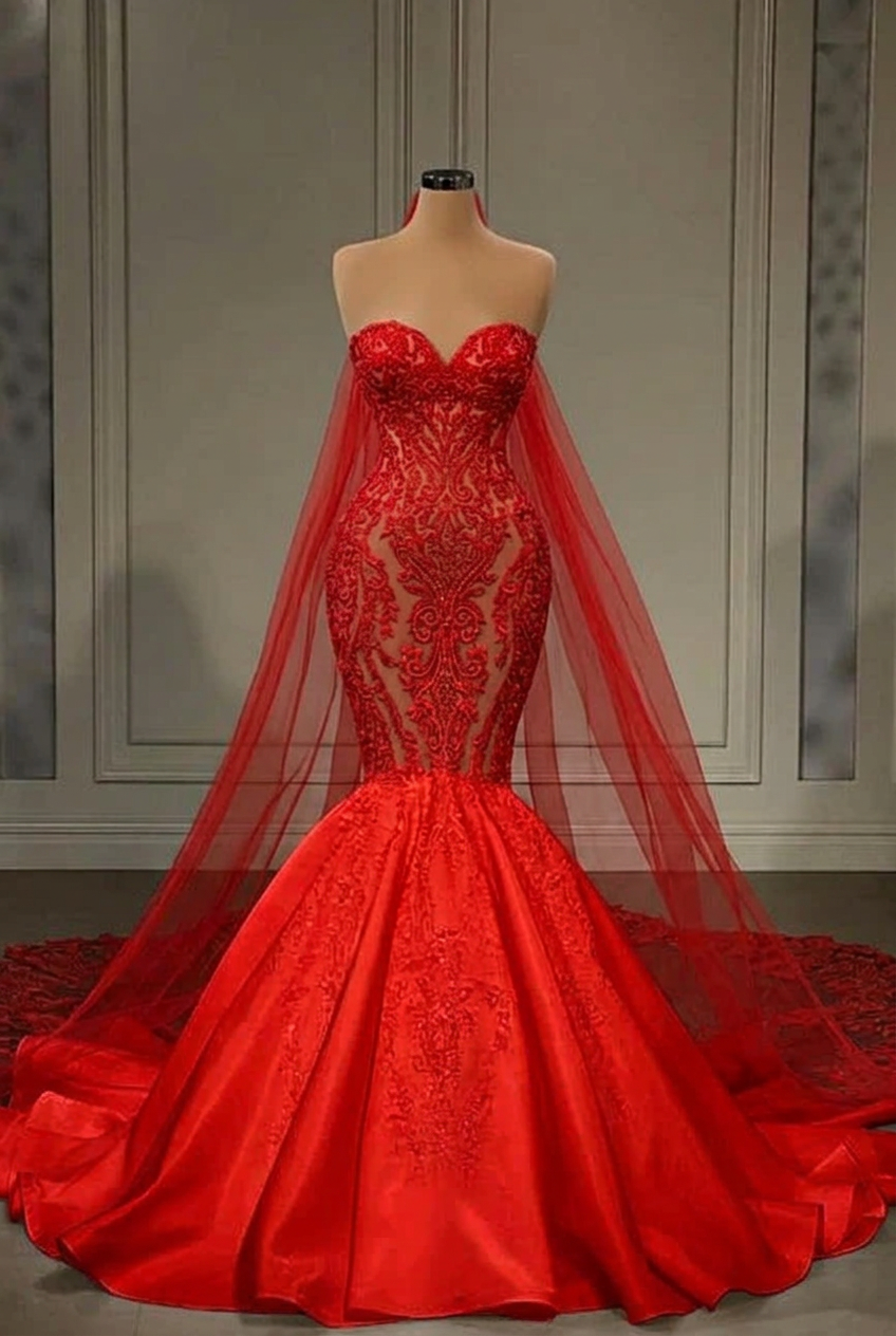 Red strapless applique mermaid wedding dress